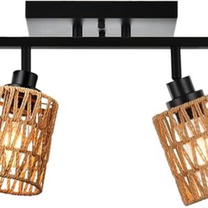 MELUCEE Ceiling Track Lighting Kits 6 Light Farmhouse Bathroom Light Fixtures with Flexibly Rotatable Light Head, Black Spotlights with Rattan Lamp Shade for Hallway Porch Foyer Bath