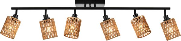 MELUCEE Ceiling Track Lighting Kits 6 Light Farmhouse Bathroom Light Fixtures with Flexibly Rotatable Light Head, Black Spotlights with Rattan Lamp Shade for Hallway Porch Foyer Bath