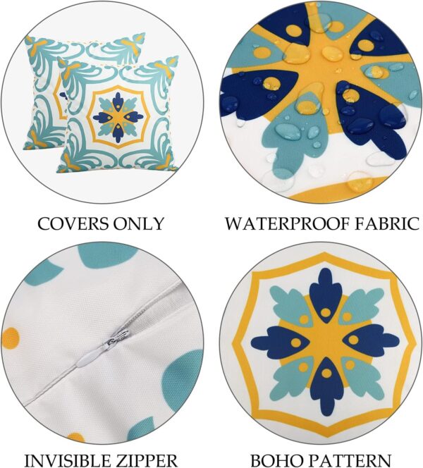 Outdoor Waterproof Throw Pillow Covers Set of 4 Floral Printed and Boho Farmhouse Outdoor Pillow Covers for Patio Funiture Garden 18x18 Inch Blue - Image 3
