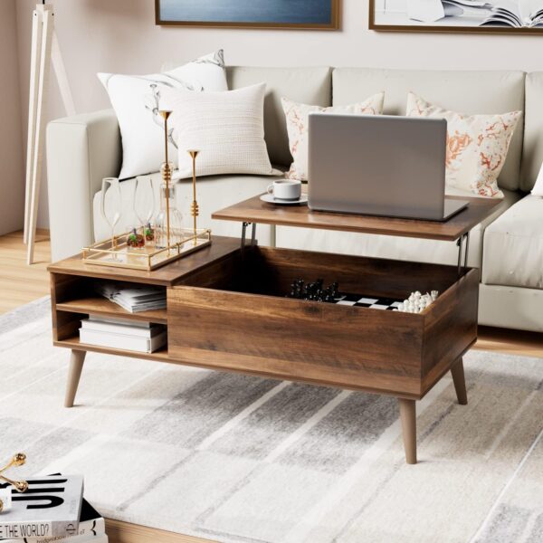 Furmax Wood Lift Top Coffee Table with Hidden Compartment, Storage Shelf and Metal Frame, Modern Center Table for Home Living Room Office (Rustic Oak) - Image 4