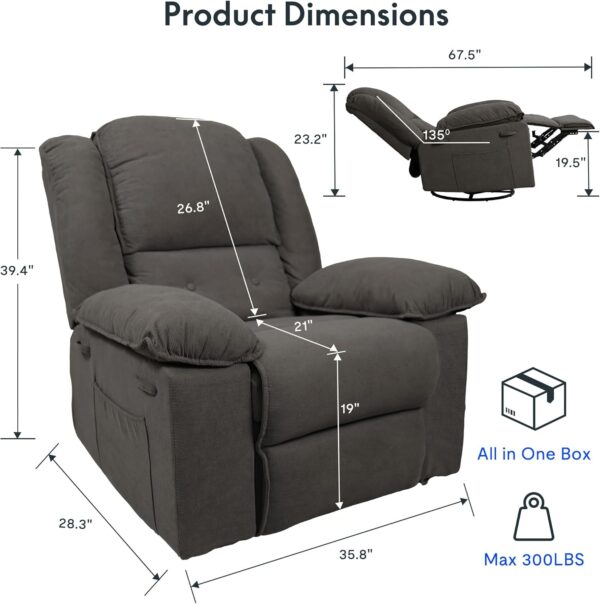FLEXISPOT XRC2 Swivel Rocker Recliner Chair for Adults - Massage Reclining Chair w/Heat & Vibration, 270° Swivel Manual Rocking Chair Single Sofa for Living Room Bedroom (Brown) - Image 3