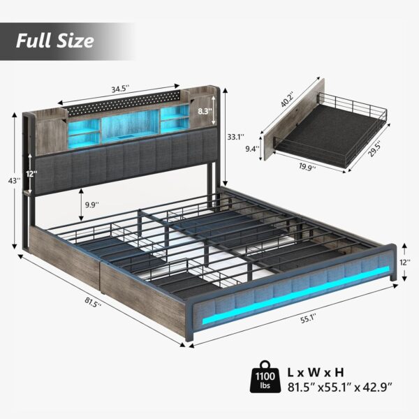Full Bed Frame with 4 Storage Drawers and Bookcase Headboard, Upholstered Bed Full Size with USB Charging Station & LED Lights, Metal Platform Bed with Storage, No Box Spring Needed, Oak Gray - Image 2