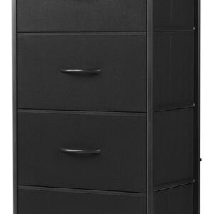 DUMOS Dresser for Bedroom 4 Storage, Tall Fabric Closet Chests Organizer Tower Furniture with Wooden Top Metal Frame for Clothes, Kids, Living Room, Hallway, Entryway, 4-Drawer, Black