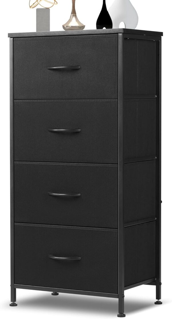 DUMOS Dresser for Bedroom 4 Storage, Tall Fabric Closet Chests Organizer Tower Furniture with Wooden Top Metal Frame for Clothes, Kids, Living Room, Hallway, Entryway, 4-Drawer, Black