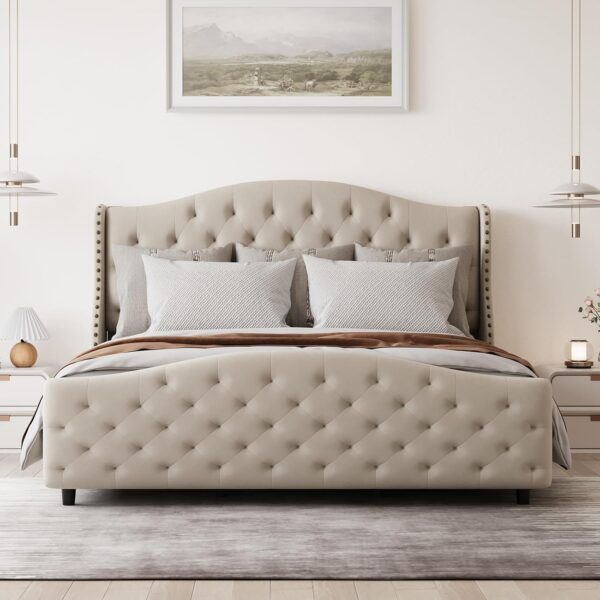 Queen Size Velvet Tufted Upholstered Platform Bed Frame with Raised Wing Back Headboard, Mattress Foundation and Wood Slat Support, No Box Spring Needed, Beige
