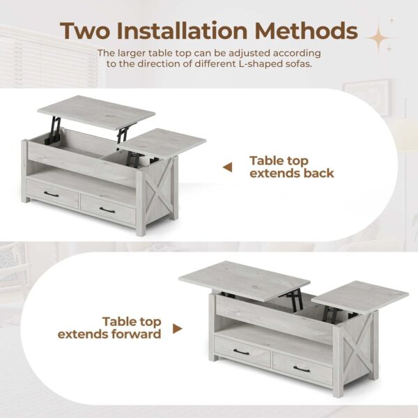 Seventable Coffee Table, 47.2" Lift Top Coffee Table with 2 Storage Drawers and Hidden Compartment, Retro Center Table with Wooden Lift Tabletop for Living Room, Gray - Image 4