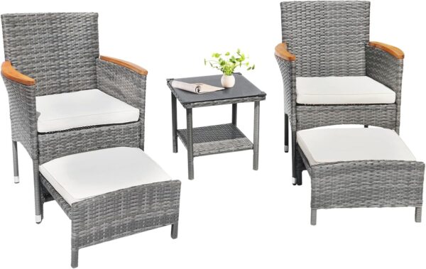 5 Piece Outdoor Patio Furniture Set with Table&Ottoman Outdoor Furniture Patio Set Bistro Wicker Patio Set of 2 Outside Lawn Chairs Conversation Sets for Porch Balcony Deck(Gray Wicker&Beige Cushion) - Image 6
