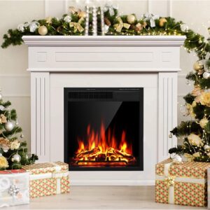 JAMFLY Electric Fireplace Mantel Package Wooden Surround Firebox TV Stand Free Standing Electric Fireplace Heater with Logs, Adjustable Led Flame, Remote Control, 750W-1500W, Lvory White