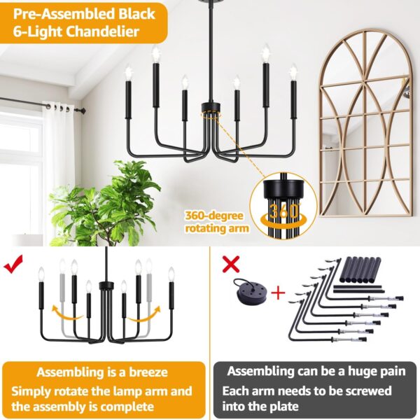 Black Chandelier, 6-Light Farmhouse Chandelier for Dining Room Lighting Fixtures Hanging, Dining Light Fixtures Industrial Modern Chandelier for Bedroom, Foyer, Hall, Kitchen, Living Room and Entryway - Image 3