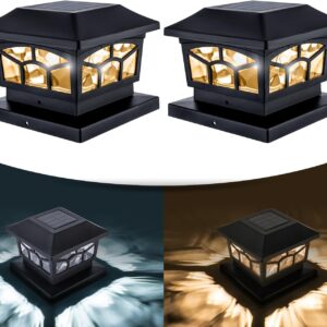 Solar Lights For Fence Post Cap Outdoor Deck Lights Solar Powered Waterproof 8 LEDs for 4x4/6x6 Wooden/Vinyl Posts Two Light Modes Warm/Cool White Decor for Garden Deck Patio. (Black, set of 2)