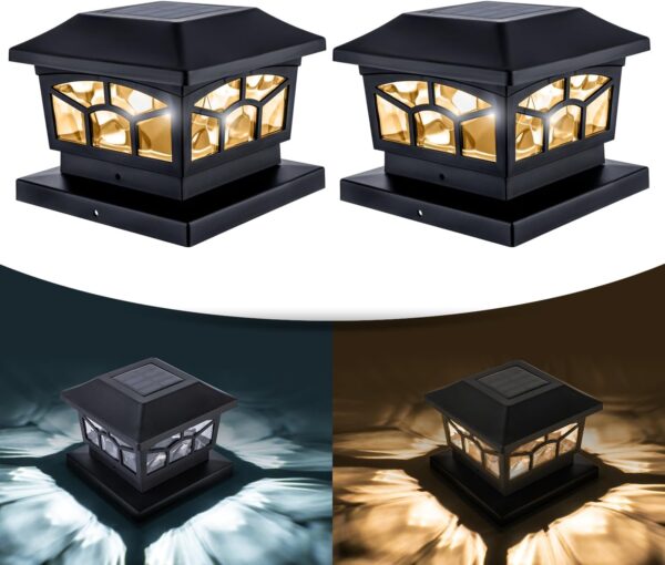 Solar Lights For Fence Post Cap Outdoor Deck Lights Solar Powered Waterproof 8 LEDs for 4x4/6x6 Wooden/Vinyl Posts Two Light Modes Warm/Cool White Decor for Garden Deck Patio. (Black, set of 2)
