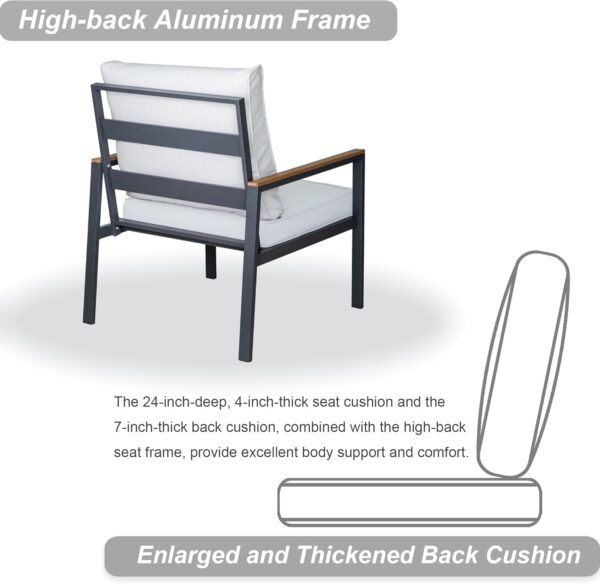 KMX Aluminum 3-Piece Patio Conversation Bistro Set with 2 High-Backrest Chairs, Gray Cushions, and a Chic Coffee Table, All-Weather Patio Outdoor Furniture Set for Porch, Balcony, Backyard - Image 4