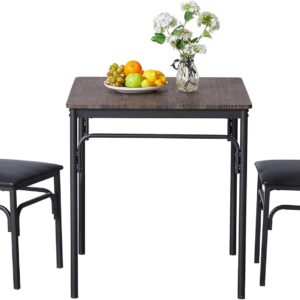 VECELO Kitchen & Dinning Room 3 pieceTable Dinner Table and Pu Cushion Chair Sets for Small Space,Modern Industrial Style, Dark Brown