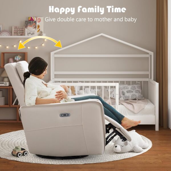 ANJ Swivel Recliner Chair, Glider Rocker Recliner for Nursery, Power Rocker Recliner Chair with USB Port, Upholstered Leathaire Electric Rocking Chair for Living Room, Bedroom, Beige - Image 3
