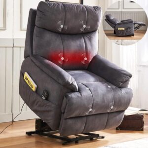 Power Lift Recliner Chair with 8 Points Massage and Heating Functions Electric Lift Fabric Couch for Elderly Up to 300Lbs Living Room Sofa with Side Pocket - Grey, Large