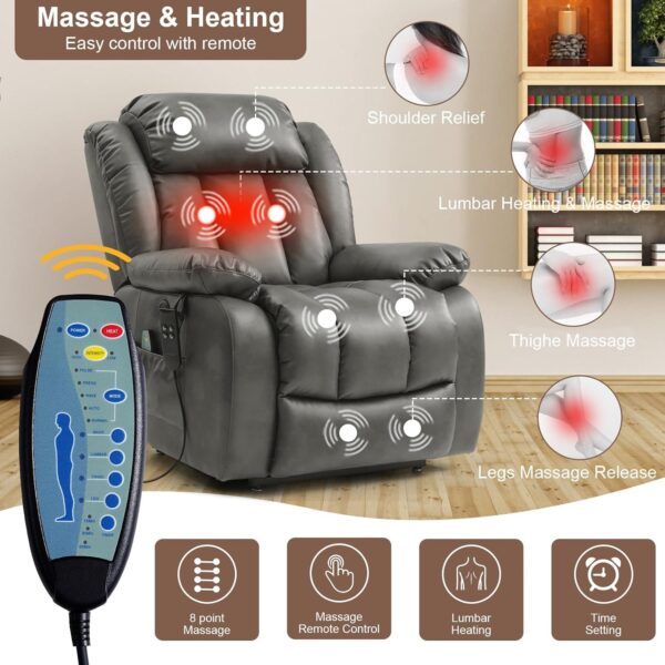 Dual Motor Large Power Lift Recliner Chair for Elderly with Heat and Massage,Lay Flat Lift Chairs Recliners for Seniors Infinite Position,USB Ports&Remote Controls,Genuine Leather (Silver Grey) - Image 5