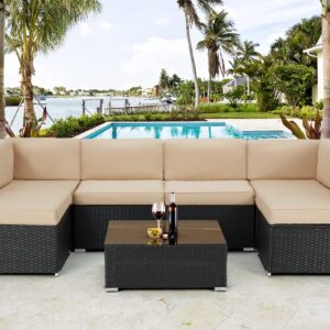U-MAX Outdoor Sectional Furniture Chair Set with Cushions and Coffee Table,Patio PE Rattan Wicker Sofa, 7 Piece