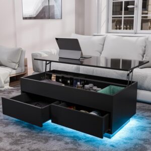 HOMMPA Lift Top Coffee Table with LED Light Morden Coffee Table with Storage High Gloss Black Coffee Table for Living Room Tea Table with Storage Center Tables Hidden Compartment & 2 Drawers