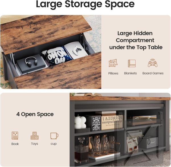 SEDETA 31.5" Lift Top Coffee Table with Storage, Square Coffee Table for Living Room, Farmhouse Coffee Table with Large Hidden Storage Compartment and Adjustable Shelves, Black - Image 7