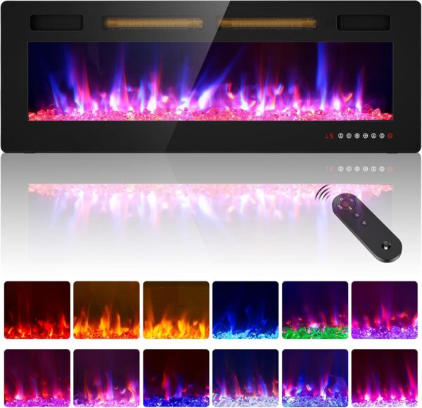 50 inches Electric Fireplace-Wall Fireplace for Living Room-Fireplace Freestanding/Inserts/Wall Mounted with Remote Control, Timer, Dimmer, 12 Flame Colors, 750/1500W, Ultra Thin