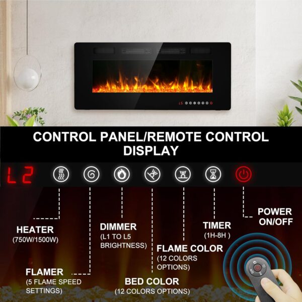 BREEZEHEAT 42 inch Electric Fireplace Wall Mounted/Freestanding-Ultra Thin Fireplace Inserts for Living Room with Double Heat Vent, Remote Control, Touch Screen, Led Flame, 8H Timer, 750w/1500w - Image 4