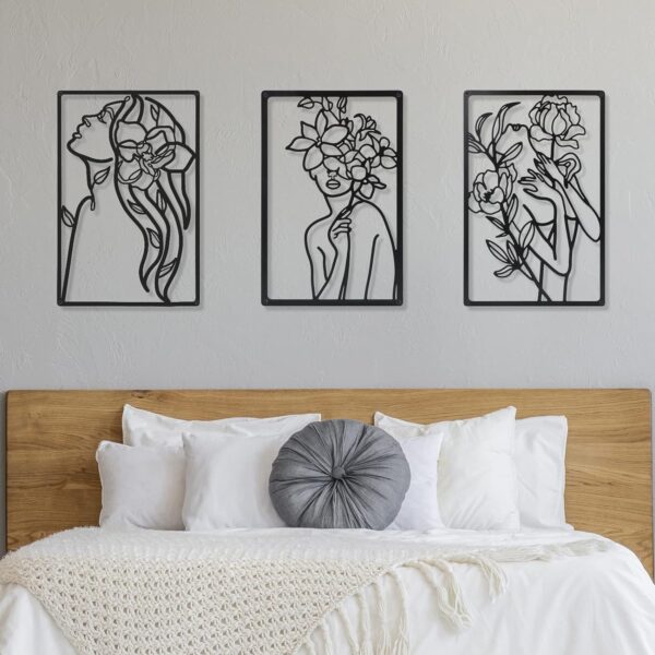 CHENGU 3 Pieces Metal Minimalist Abstract Woman Wall Art Line Drawing Wall Art Decor Single Line Female Home Hanging Wall Art Decor for Kitchen Bathroom Living Room (Floral Style) - Image 2