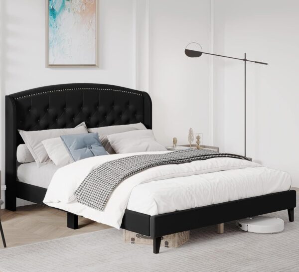 Homhougo Full Size Bed Frame, Upholstered Platform Bed with Wingback Headboard and Button Tufted Design, Wood Slat Support, Easy Assembly, No Box Spring Needed, Black - Image 6