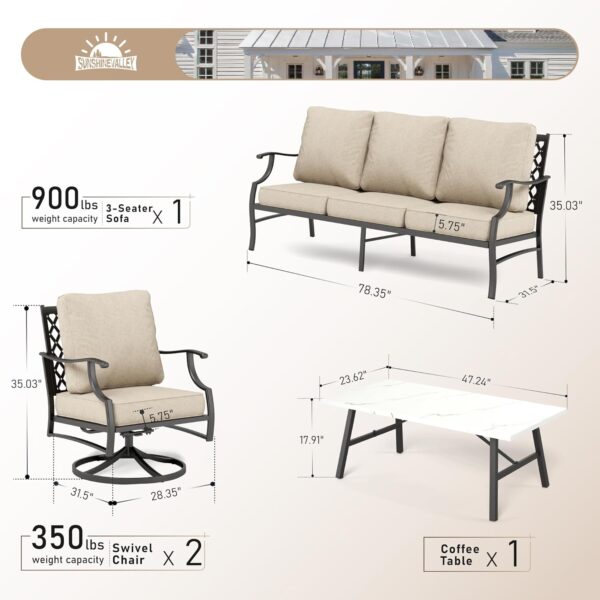 Patio Furniture Set, 4 Piece Modern Metal Outdoor Patio Furniture, 3 Seater Couch, 2 swivel Chairs, Coffee Table and 5.75" Extra Thick Cushion, Patio Conversation Set for Backyard Deck - Image 6