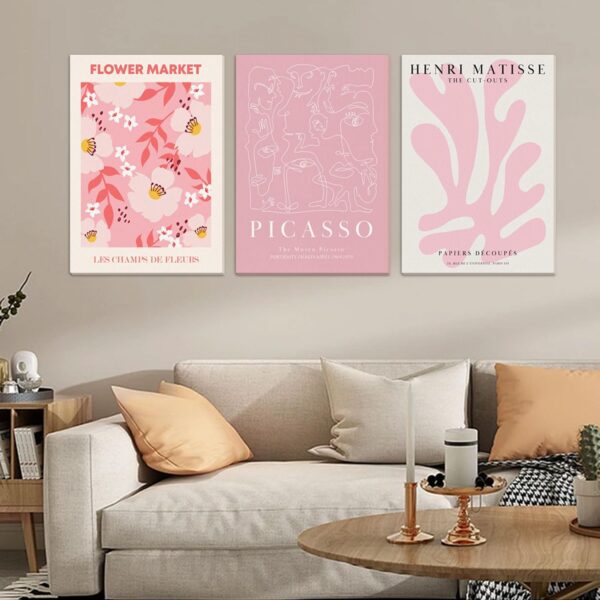 Djmwtb Matisse Picasso Abstract Canvas Wall Art Framed Set of 3 Pink Flower Market Poster Prints Aesthetic Pictures Modern Minimalist Wall Decor Painting for Living Room Bedroom Bathroom 12"x16"x3 - Image 5