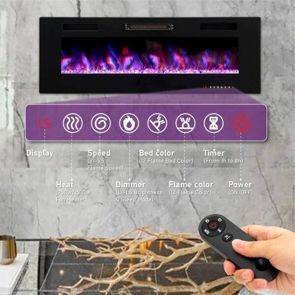 PHI VILLA 50" Electric Fireplace Wall Mounted & Recessed, 3.86" Ultra-Thin Linear Fireplace 750/1500W with Remote Control, Fit for 2 x 4 6 Stud, Low Noise, Timer, Adjustable Flame Color & Speed - Image 4