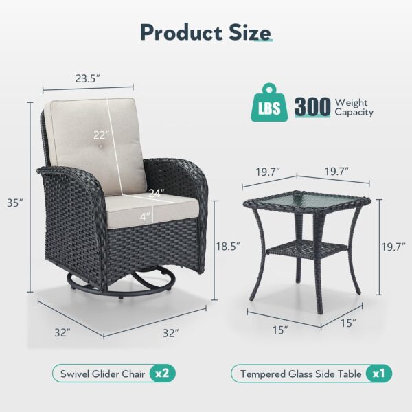 Outdoor Swivel Glider Rocker Chairs - 3 Piece Patio Furniture Set, Patio Bistro Sets with Tempered Glass Side Table, for Balcony, Porch - Black Wicker, Beige Cushion - Image 2