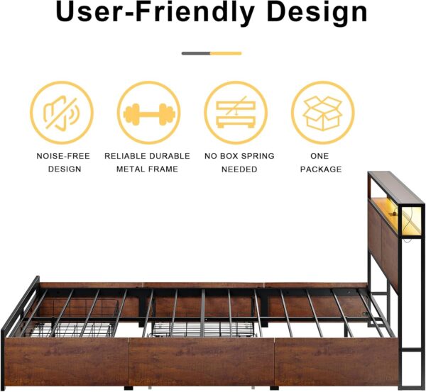 Queen Bed Frame with Storage Headboard and 4 Drawers LED Lights Metal Platform Non-Slip Without Noise Mattress Foundation Strong Metal Slats Support No Box Spring Needed - Image 4