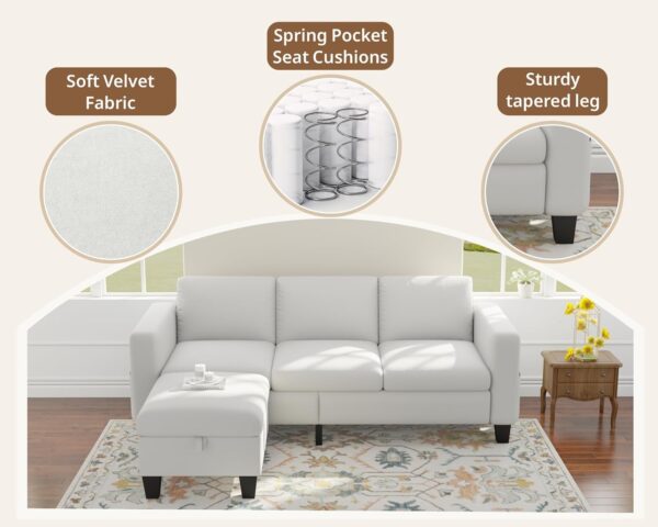 Sectional Sofa Couches for Living Room 78" L Shaped Sofas with Storage Ottoman Small 3 Seater Couch Velvet Fabric, Beige - Image 6