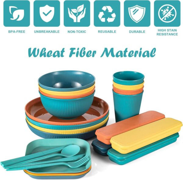 36PCS Wheat Straw Dinnerware Sets - Reusable Plates and Bowls Sets, Unbreakable Cups, Knives, Forks, Spoons & Chopstick, Microwave, Dishwasher Safe Tableware Kitchen Outdoor Camping Presents - Image 2