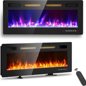 BREEZEHEAT 42 inch Electric Fireplace Wall Mounted/Freestanding-Ultra Thin Fireplace Inserts for Living Room with Double Heat Vent, Remote Control, Touch Screen, Led Flame, 8H Timer, 750w/1500w