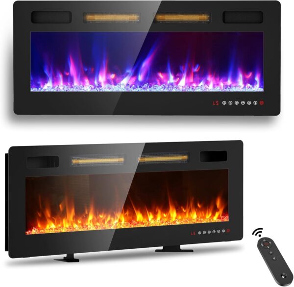BREEZEHEAT 42 inch Electric Fireplace Wall Mounted/Freestanding-Ultra Thin Fireplace Inserts for Living Room with Double Heat Vent, Remote Control, Touch Screen, Led Flame, 8H Timer, 750w/1500w