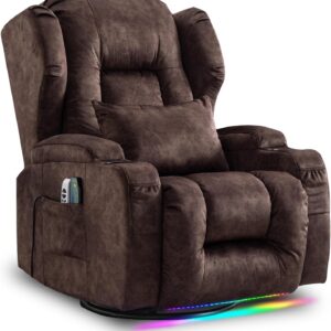 Power Recliner Chair, Velvet Fabric Swivel Rocking Chair with Vibrating Massage and Heating Nursery Glider Chair for Living Room, Home Theater Seating with Ambient Lighting(Single, Brown)