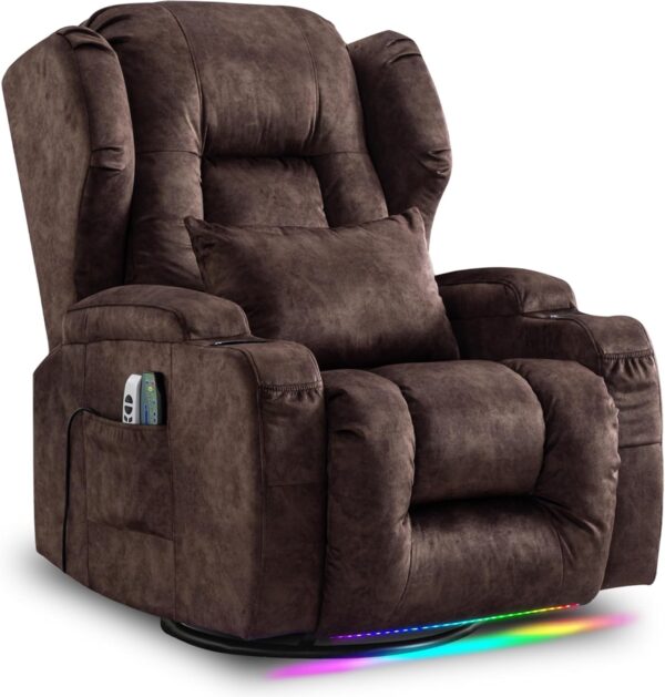 Power Recliner Chair, Velvet Fabric Swivel Rocking Chair with Vibrating Massage and Heating Nursery Glider Chair for Living Room, Home Theater Seating with Ambient Lighting(Single, Brown)