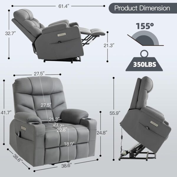 Lift Chairs Recliners for Elderly with Massage and Heating Function & Dust-Proof Mat, Power Lift Recliner Chair Sofa with USB and Type-C Ports, Extended Footrest, and 2 Cup Holders, Grey - Image 2