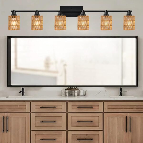 MELUCEE Ceiling Track Lighting Kits 6 Light Farmhouse Bathroom Light Fixtures with Flexibly Rotatable Light Head, Black Spotlights with Rattan Lamp Shade for Hallway Porch Foyer Bath - Image 2