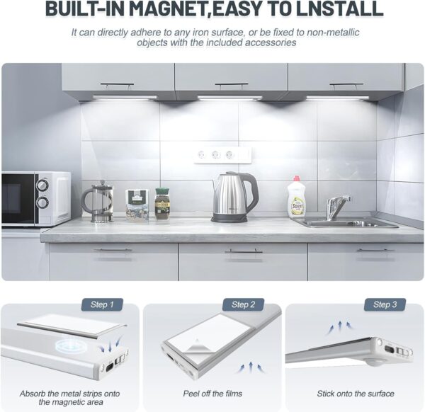 AVEVA Under Cabinet Lighting, 4 Pack Motion Sensor Light Indoor, Wireless USB Rechargeable Magnetic Closet Lights, 32 LED Under Counter Lights for Kitchen, Wardrobe, Hallway, Stairs, White Light - Image 6