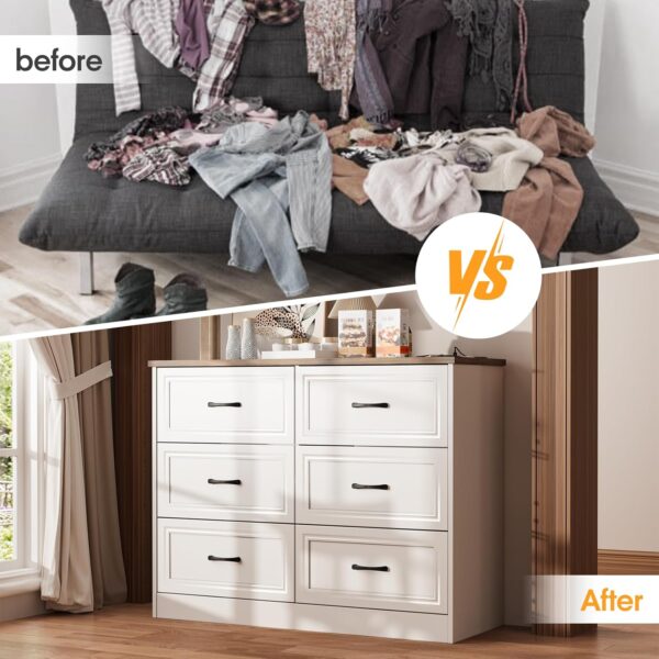Fameill Dresser for Bedroom, 6 Drawer Wide Dresser Organizer with Charging Station, Tall Dresser for Hallway, Wood Dresser with Metal Handles, Farmhouse - Image 5