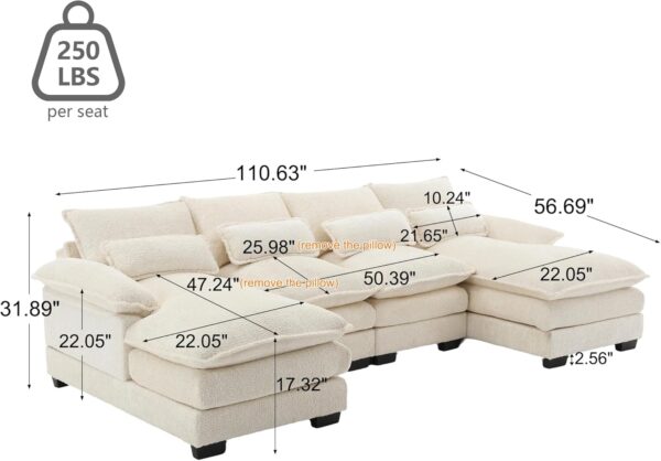 GNIXUU 110" Sectional Sofa Cloud Couch for Living Room, Modern Chenille U Shaped Couch, Comfy Modular Sofa Sleeper with Double Chaise & Memory Foam(Beige) - Image 2