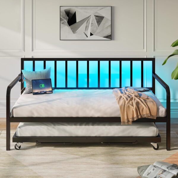 Rolanstar Daybed with Charging Station and LED Lights, Height Adjustable Twin Daybed with Trundle, Metal Sofa Bed Frame with Steel Slat Support for Living Room, Bedroom and Guest Room, Black - Image 3