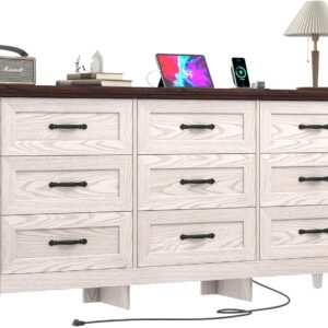 Farmhouse 9 Drawers Dresser, 63` Wood Dresser for Bedroom Wide Chest of Drawers, French Country Storage Double Dressers Organizer for Bedroom, Living Room, Nursery(Beige)