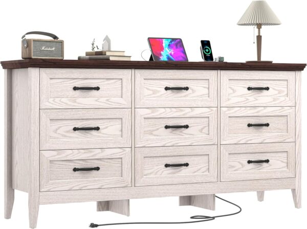 Farmhouse 9 Drawers Dresser, 63` Wood Dresser for Bedroom Wide Chest of Drawers, French Country Storage Double Dressers Organizer for Bedroom, Living Room, Nursery(Beige)