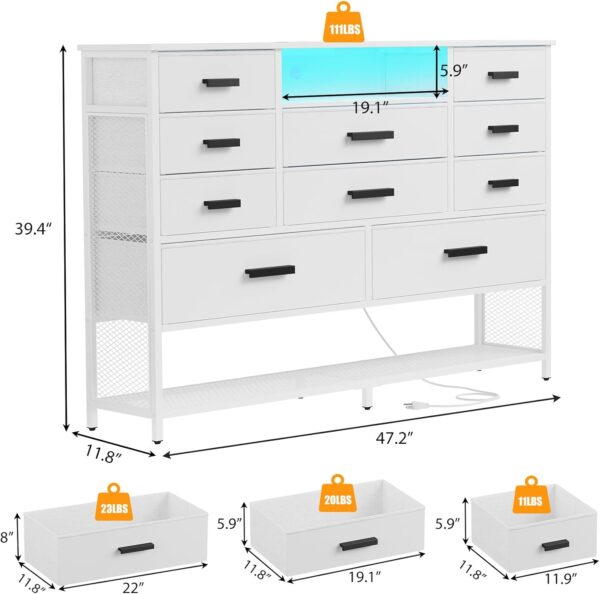 White Dresser for Bedroom with 10 Drawers, Dresser with Charging Station, TV Stand Dresser with LED Light for 55" TV, Fabric Drawer Dresser with PU Finish, Dresser with Shelves for Closet - Image 3