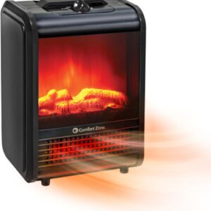 Comfort Zone Electric Mini Fireplace Space Heater with Realistic 3D Flame, Stay-Cool Body, Carry Handle, Overheat Sensor, and Safety Tip-Over Switch, Ideal for Home, Bedroom, & Office, 1,200W, CZFP1BK