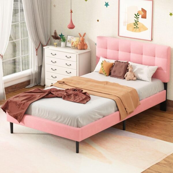 UNIZONE Full Size Bed Frame with Button Tufted Upholstered Headboard, Velvet Platform Bed with Wood Slats Support, Mattress Foundation, No Box Spring Needed, Easy Assembly, Pink - Image 3