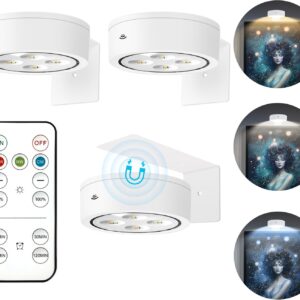 3Pcs Picture Light Battery Operated, Wireless Led Painting Light with Remote Dimmable and Timer, 3 Lighting Modes Art Display Light for Picture Frame Artworking Portrait, Wall Decorative Puck Lights